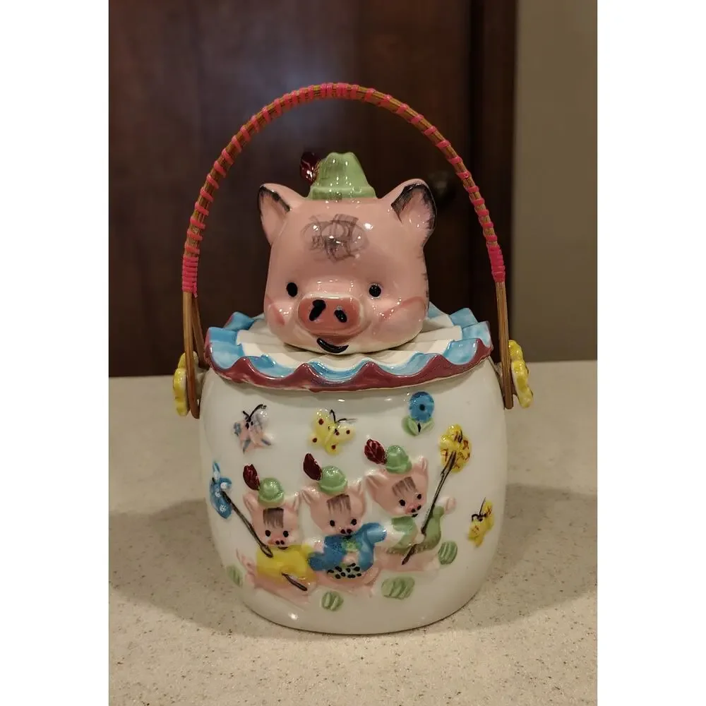 Vintage Lipper & Mann Three Little Pigs Cookie Jar Japan Wicker Handle 1950s